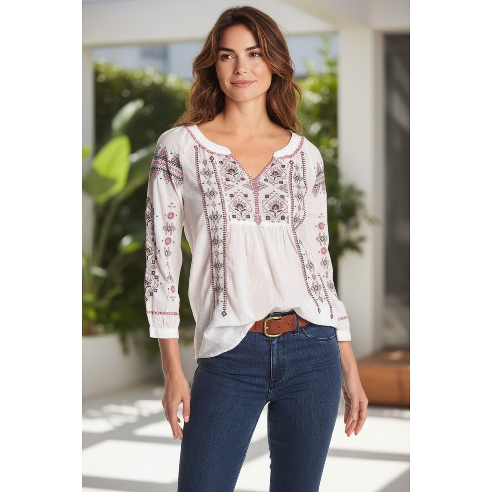 Johnny Was Workshop White Peasant Embroidered Cotton Blouse Medium Boho W11018-4